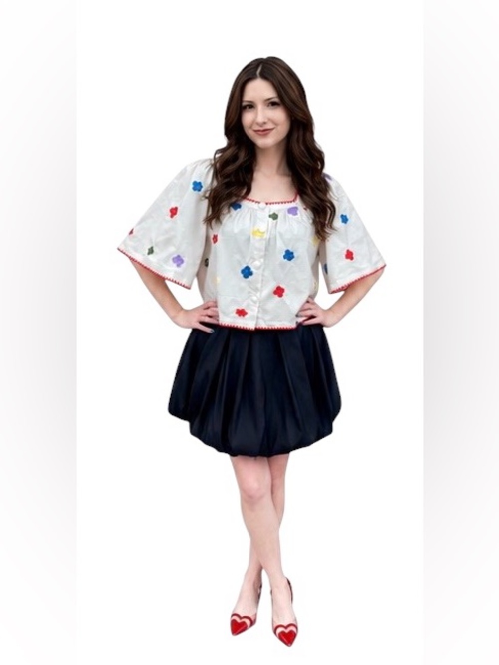 Caroline Constas Floral Embroidered Poplin Top Small Bohemian Resort Crop Blouse